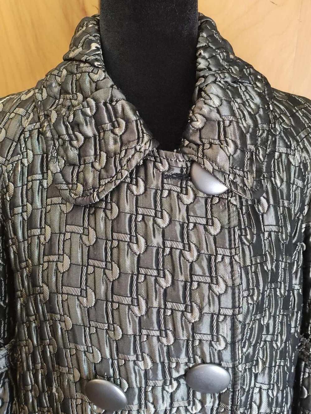 Textured Black Metallic Double-Breasted Trench Coat - Picture 2 of 6